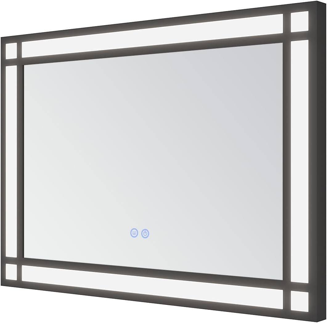 AQUABATOS Badspiegel mit Beleuchtung Schwarzer Rahmen Fensteroptik 50x70cm, Badezimmerspiegel Beleuc