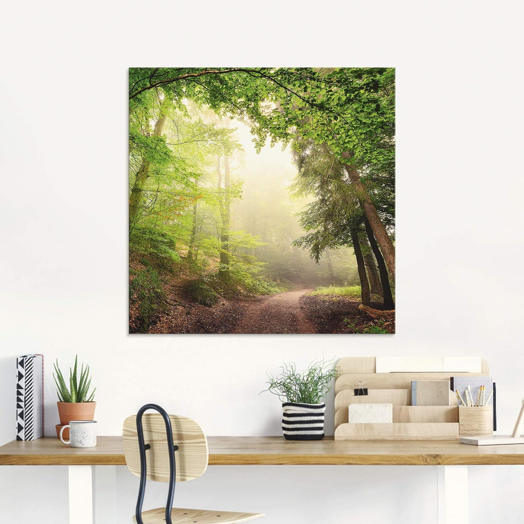 Glasbilder Wandbild Glas Bild einteilig 80x60 cm Querformat Wald Baum Natur Landschaft Nebel Sonne S