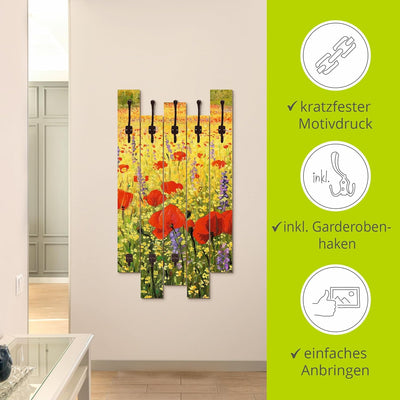 ARTLAND Wandgarderobe Holz mit 8 Haken 63x114 cm Design Garderobe Paneel mit Motiv Mohnblumen Blumen