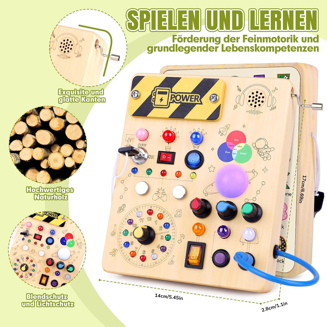 Hoarosall Montessori Busy Board Activity Board Holz Spielzeug ab 1 Jahr mit 12 Schaltern & 24 LED-Le