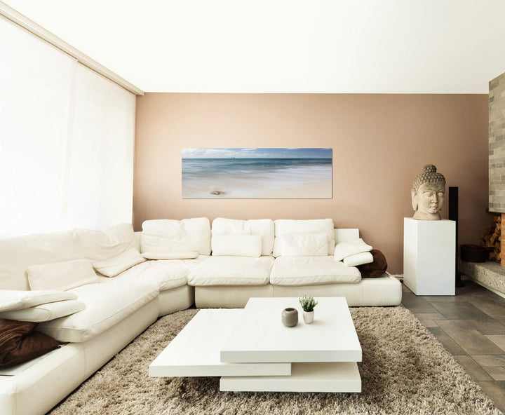 Paul Sinus Art Panoramabild auf Leinwand und Keilrahmen 150x50cm Sandstrand Meer Horizont Schiff Wol