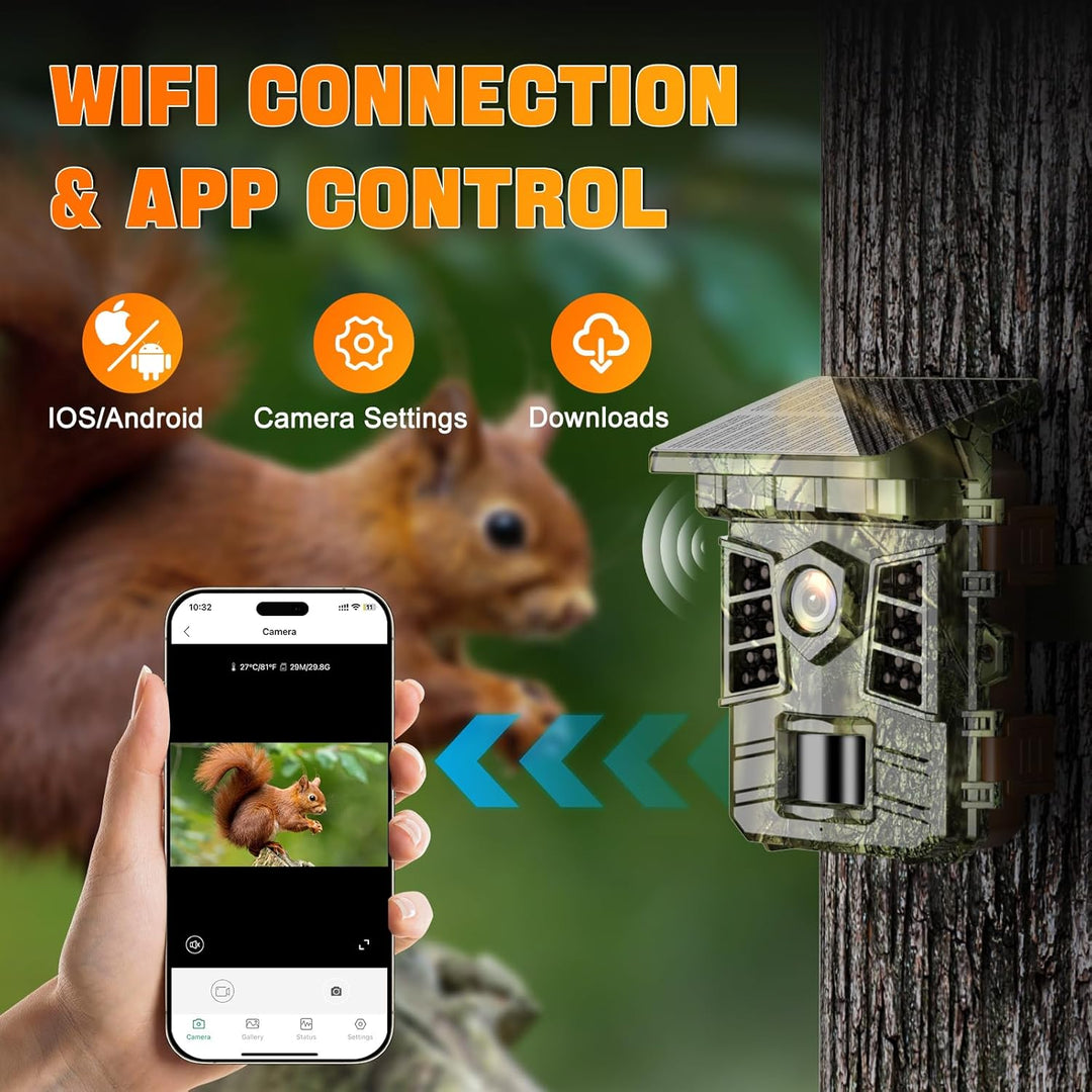 Coolifepro Wildkamera mit Handyübertragung App, 48MP 30FPS Solar WLAN Wildkamera, Wildtierkamera Ein