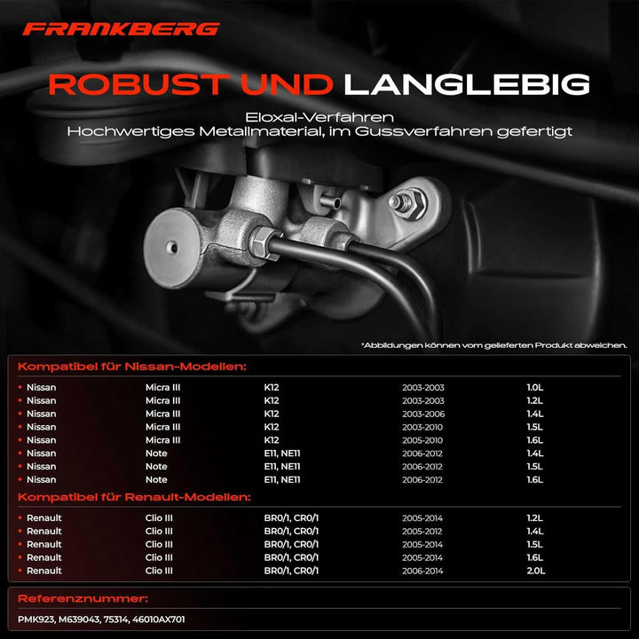 Frankberg Hauptbremszylinder Kompatibel mit Micra C+C III K12 2005-2010 Micra III K12 2003-2010 Note