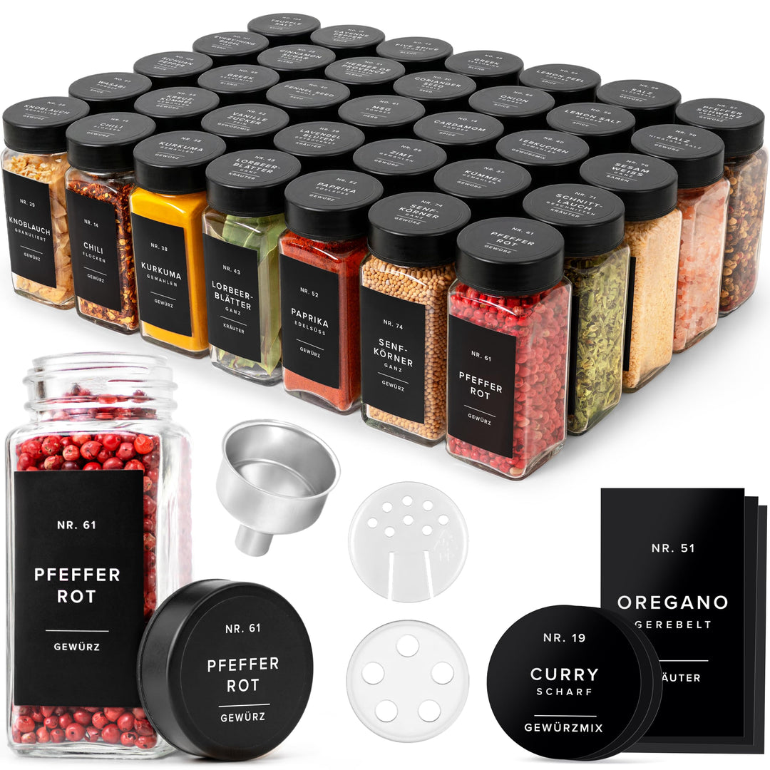 EDELHAUS Gewürzgläser Eckig Set mit Deckel (36 x 120ml) Gewürzstreuer mit Streueinsatz und 240 Etike