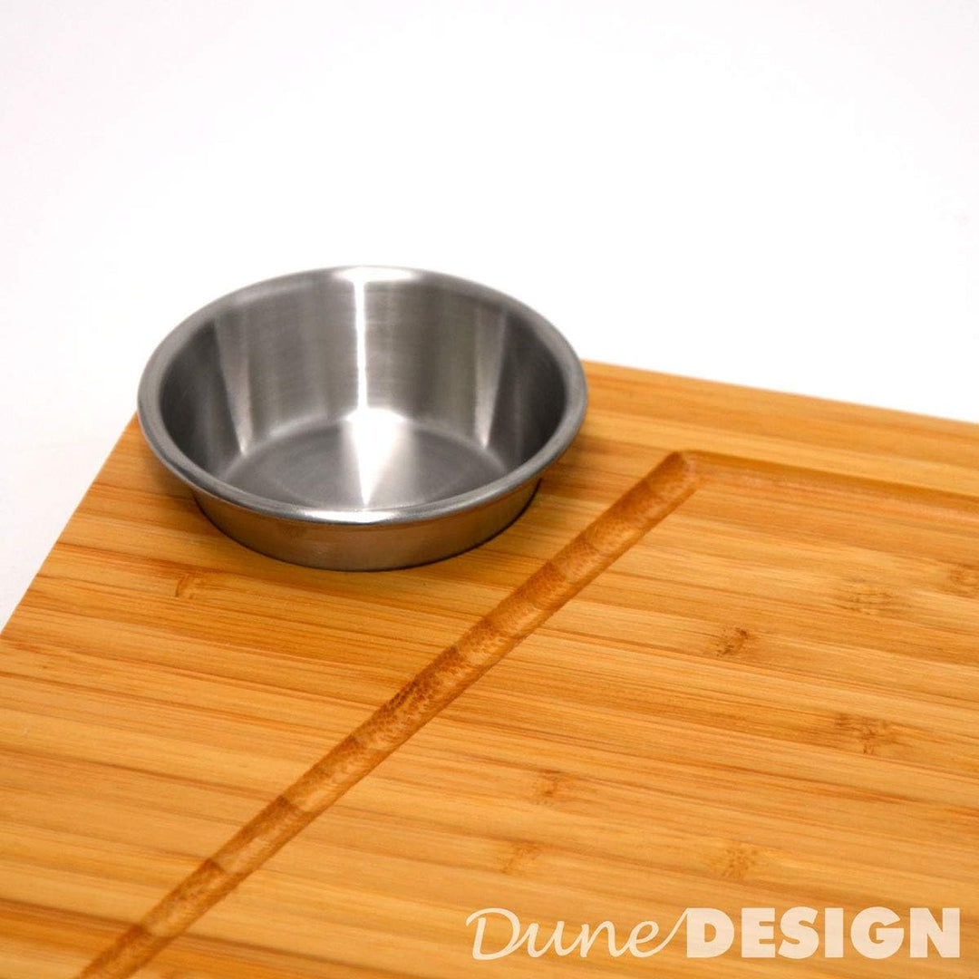 DuneDesign 4x Steakteller Holz mit Dipschalen - 30x25cm Bambus Teller Set - Grill Servierplatte Holz