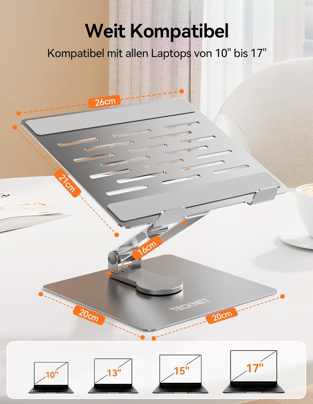 TECKNET Laptop Ständer mit 360 Drehbarer Basis, Laptopständer Höhenverstellbar, Faltbarer Laptop Sta