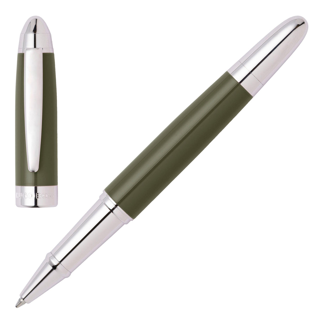 Hugo Boss Icon Tintenroller aus Messing in der Farbe Khaki-Gun, Länge: 13,6cm, Tintenfarbe: Schwarz,