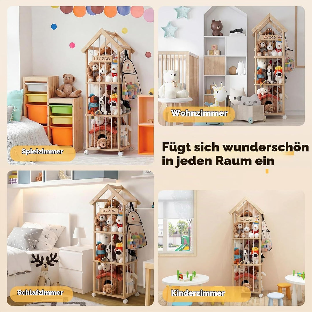 Kuscheltier Aufbewahrung, Holz Stofftier Aufbewahrung, 146*42*42CM Plüschtier Lagerung Organizer Mit