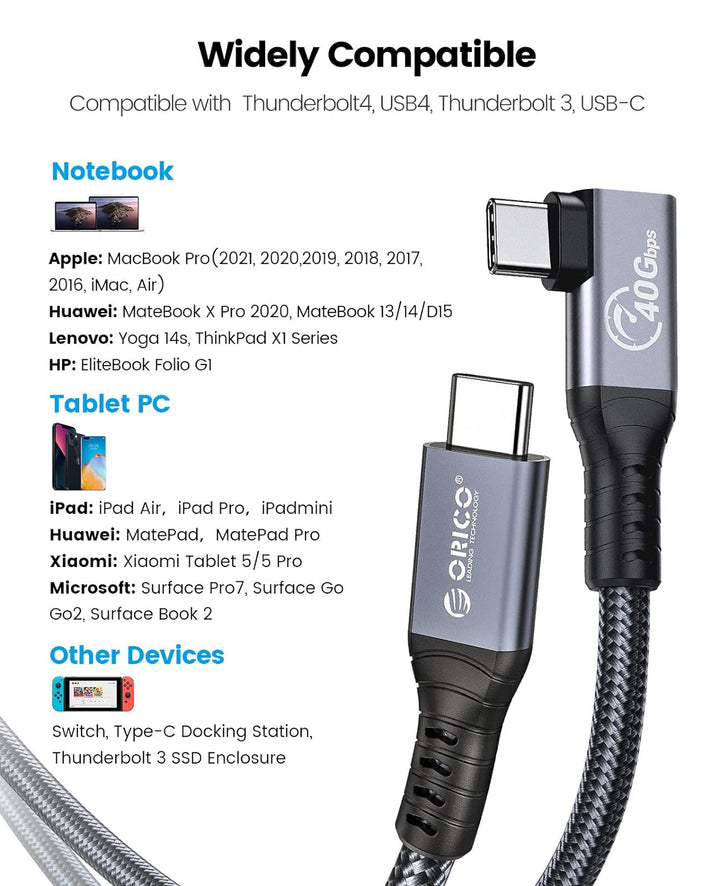 ORICO Kabel für Thunderbolt 4, Kompatibel mit Thunderbolt 3/USB4, Übertragungsrate 40Gbps, 8k@60Hz (