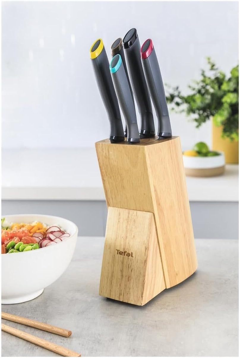 Tefal Fresh Kitchen Holzblock mit 5 Messern (Schäler 9 cm, Utility 12 cm, Chef 15 cm, Schneide 20 cm