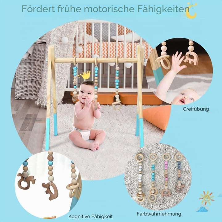 LIFEZEAL Spieltrapez, Spielbogen Baby Holz, Babyspielgerät mit 3 Spielzeugen, Holzspielzeug baby, Ba
