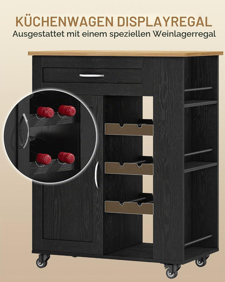 Hzuaneri Servierwagen, Küchenwagen Mit Rädern, 68 × 86 × 40 cm, Schwarz | Weinregal, Kücheninsel, Ko