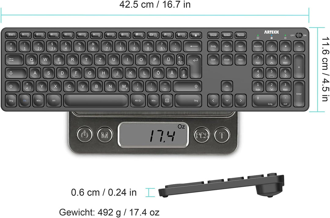 Arteck Kabellose Tastatur, Deutsches QWERTZ Layout wiederaufladbare USB Anschluss 2,4 GHz Kabellos T