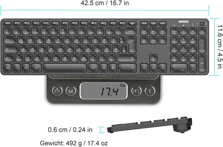 Arteck Kabellose Tastatur, Deutsches QWERTZ Layout wiederaufladbare USB Anschluss 2,4 GHz Kabellos T