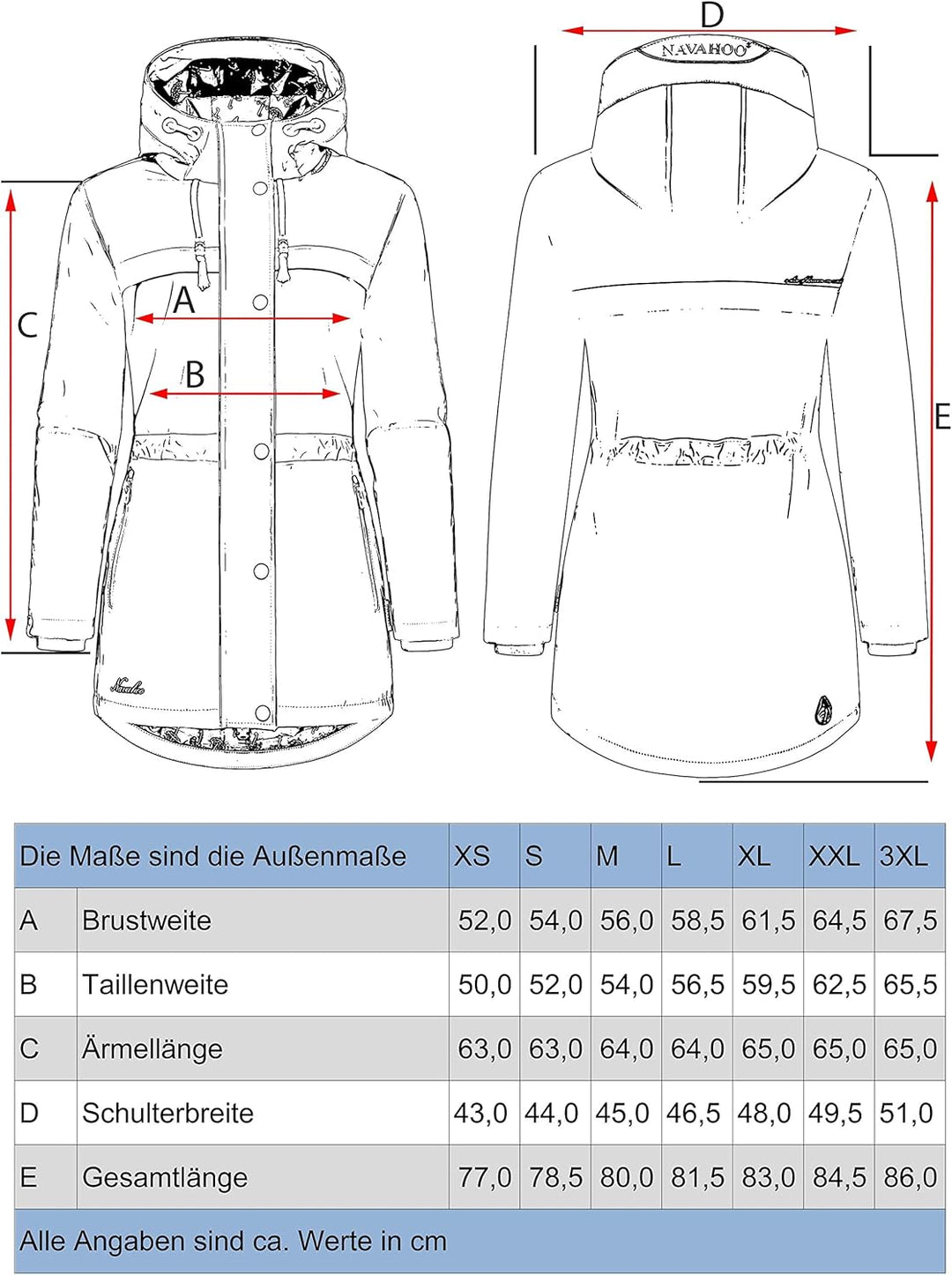 Navahoo Damen Übergangsjacke Regenmantel wasserdicht lang warm gefüttert mit Kapuze Rainy Forest XS-