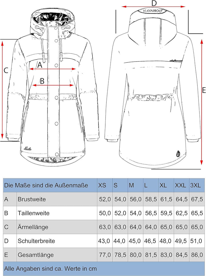 Navahoo Damen Übergangsjacke Regenmantel wasserdicht lang warm gefüttert mit Kapuze Rainy Forest XS-