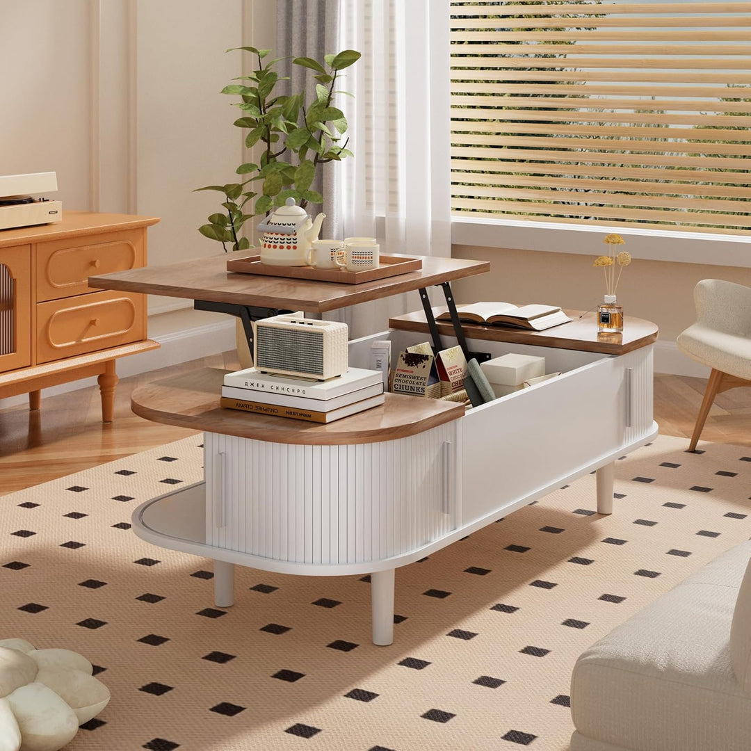 Couchtisch mit Hebeplatte – Moderner Holztisch mit Einzigartiger Textur & Verstecktem Stauraum, Kaff