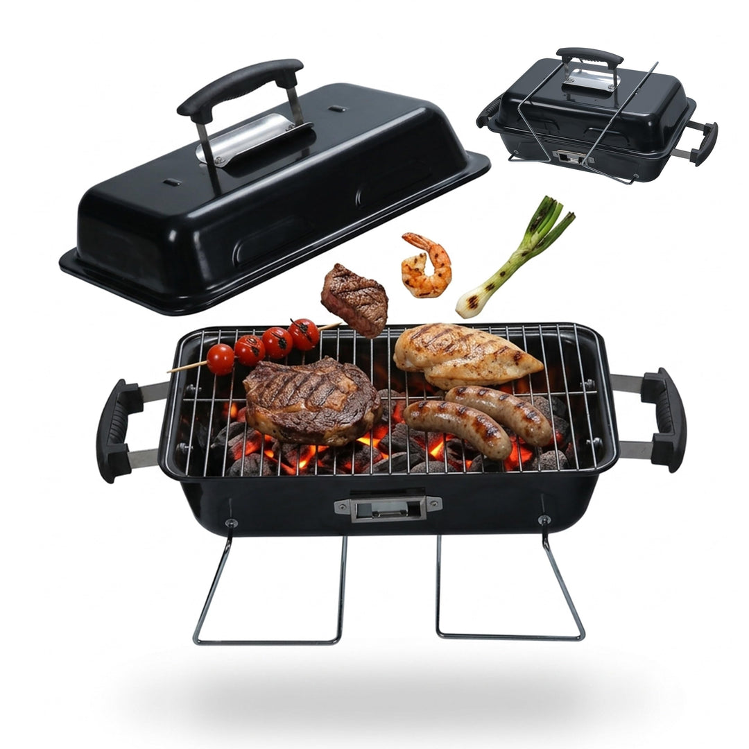Relaxdays Tischgrill, tragbarer Klappgrill, HBT: 36 x 56 x 30,5 cm, Belüftung, Deckel, Campinggrill,