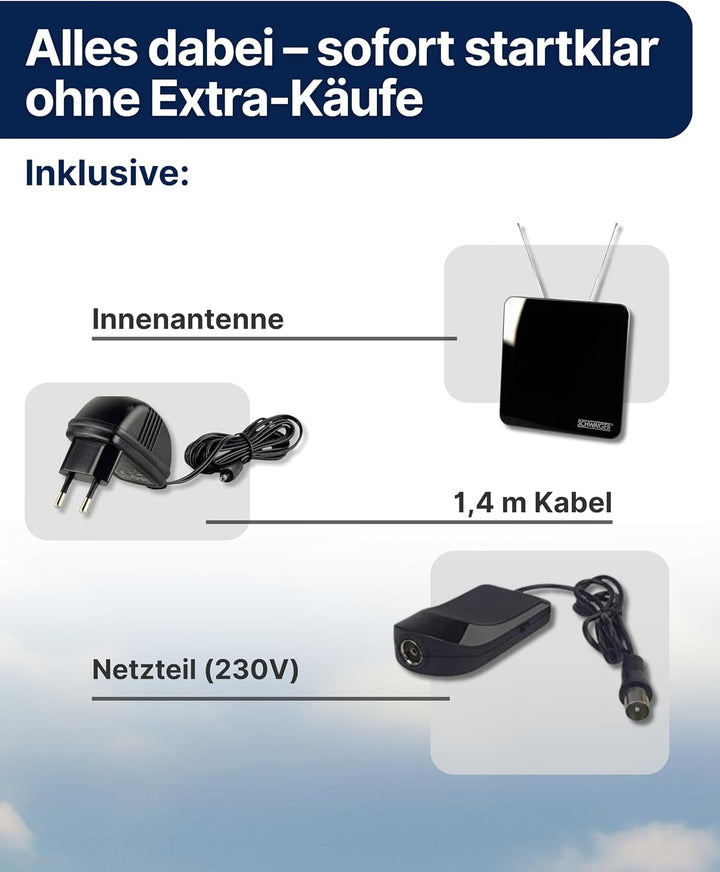 SCHWAIGER 720372 DVB-T2 Zimmerantenne aktiv mit Verstärker DAB+ DVB-T Antenne Fernsehen LTE-Sperrfil