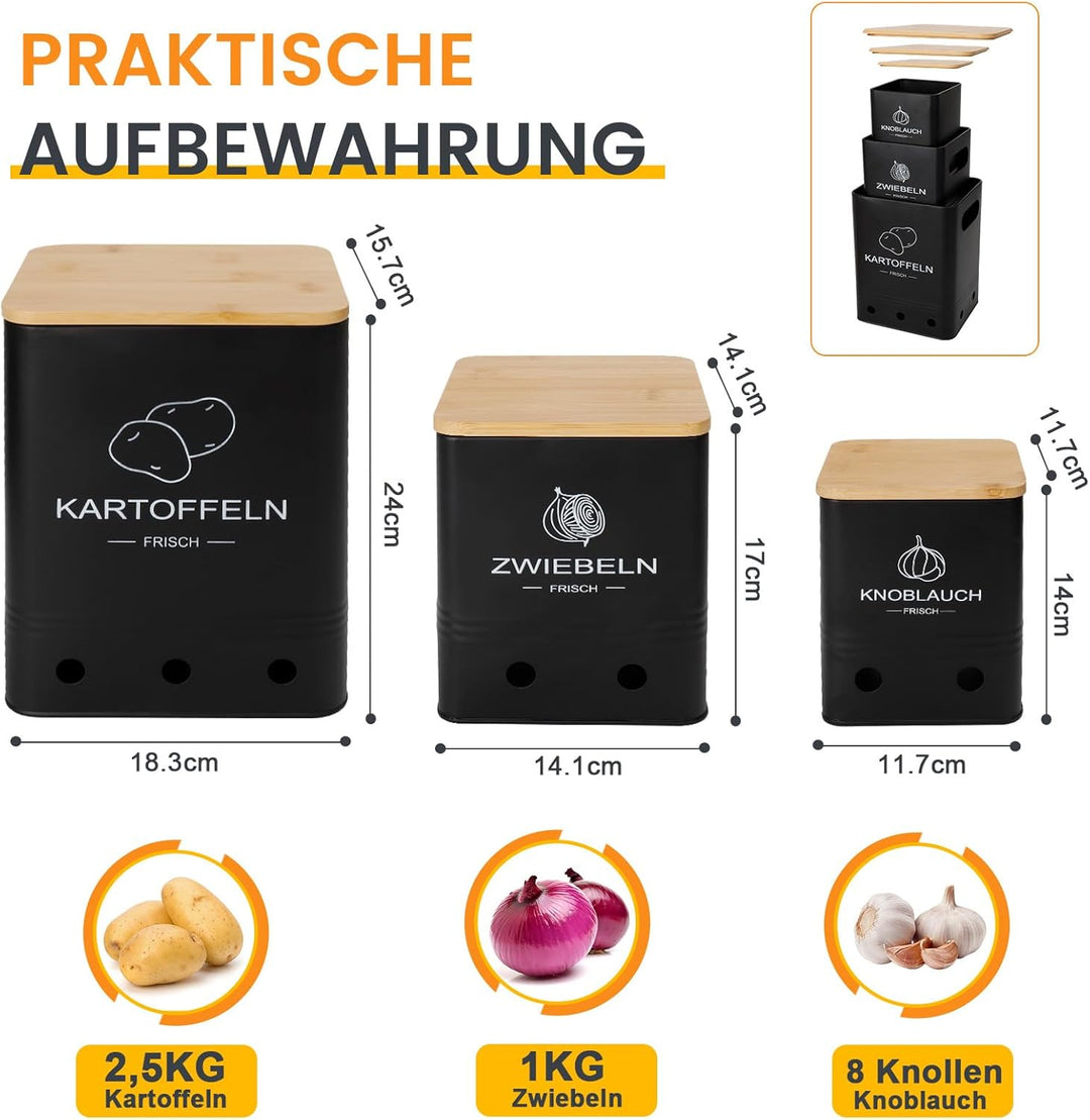 Kartoffel Aufbewahrungsbox, Aufbewahrung Kartoffeln Zwiebeln Knoblauch - 3er Set mit Bambusdeckel -