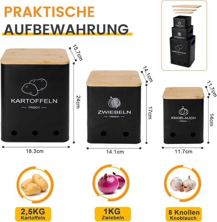 Kartoffel Aufbewahrungsbox, Aufbewahrung Kartoffeln Zwiebeln Knoblauch - 3er Set mit Bambusdeckel -