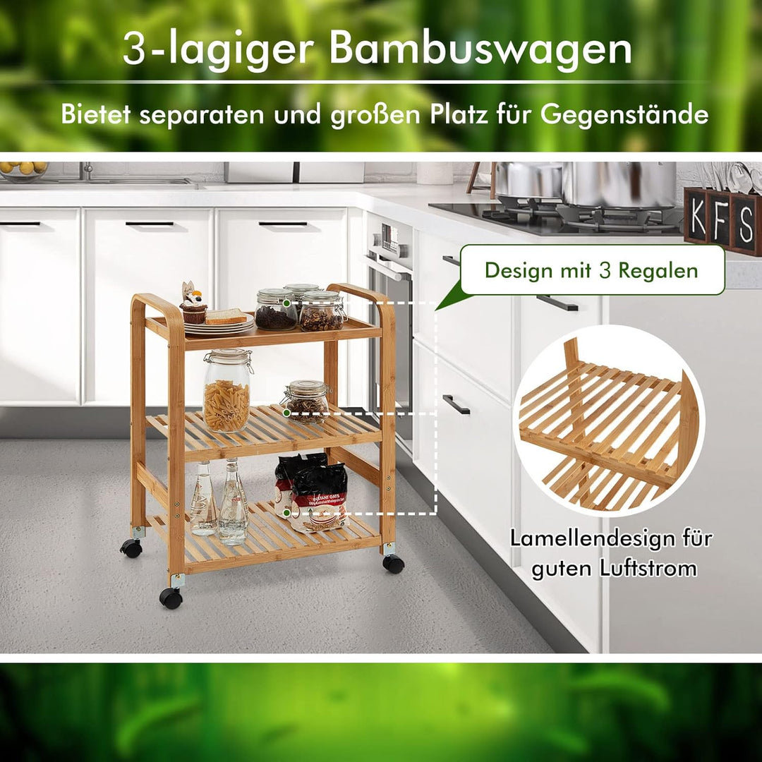 COSTWAY Servierwagen Bambus auf Rädern, Küchenwagen mit 3 Ablagen & Griffen, Lagerregal mit abnehmba