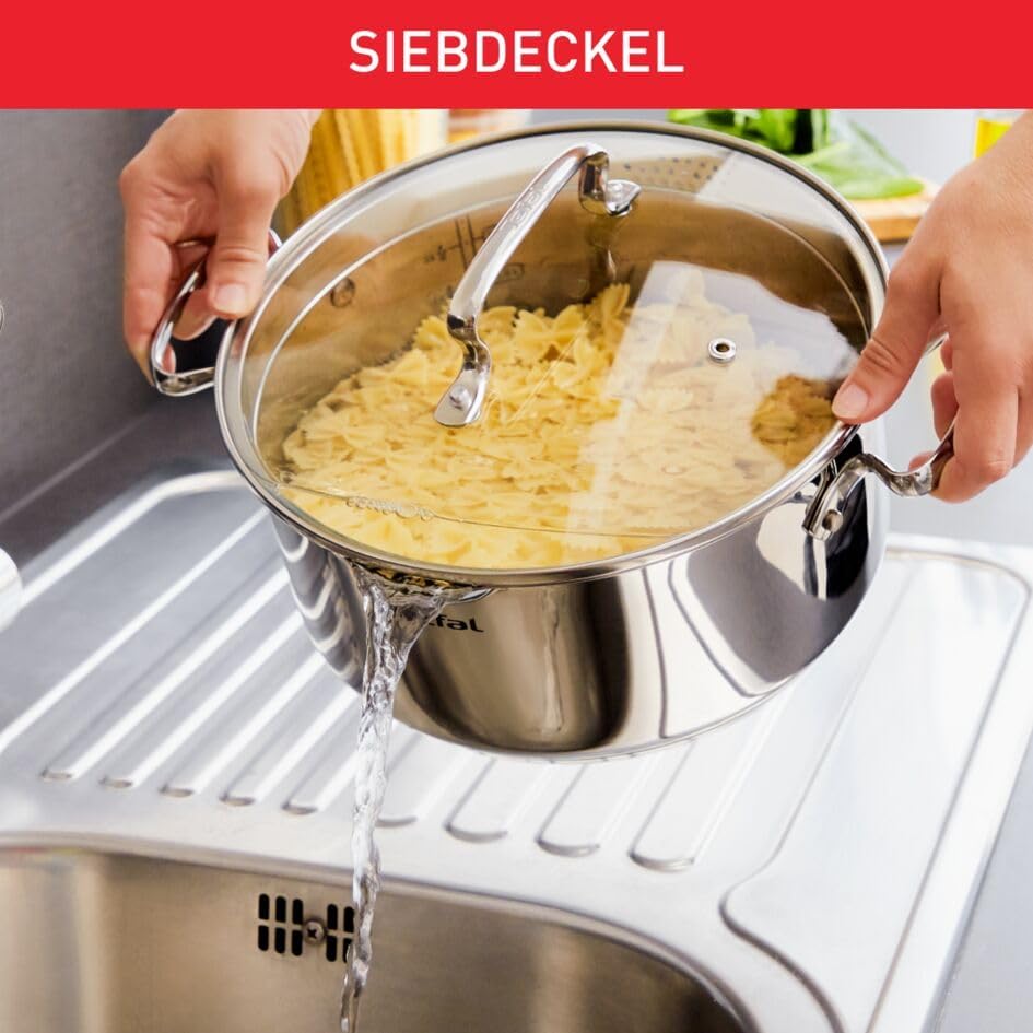 Tefal Duetto + 3 Töpfe 16/20/24 cm, 1 Stielkasserolle 16 cm aus Edelstahl, 3 Glasdeckel, Messmarkier