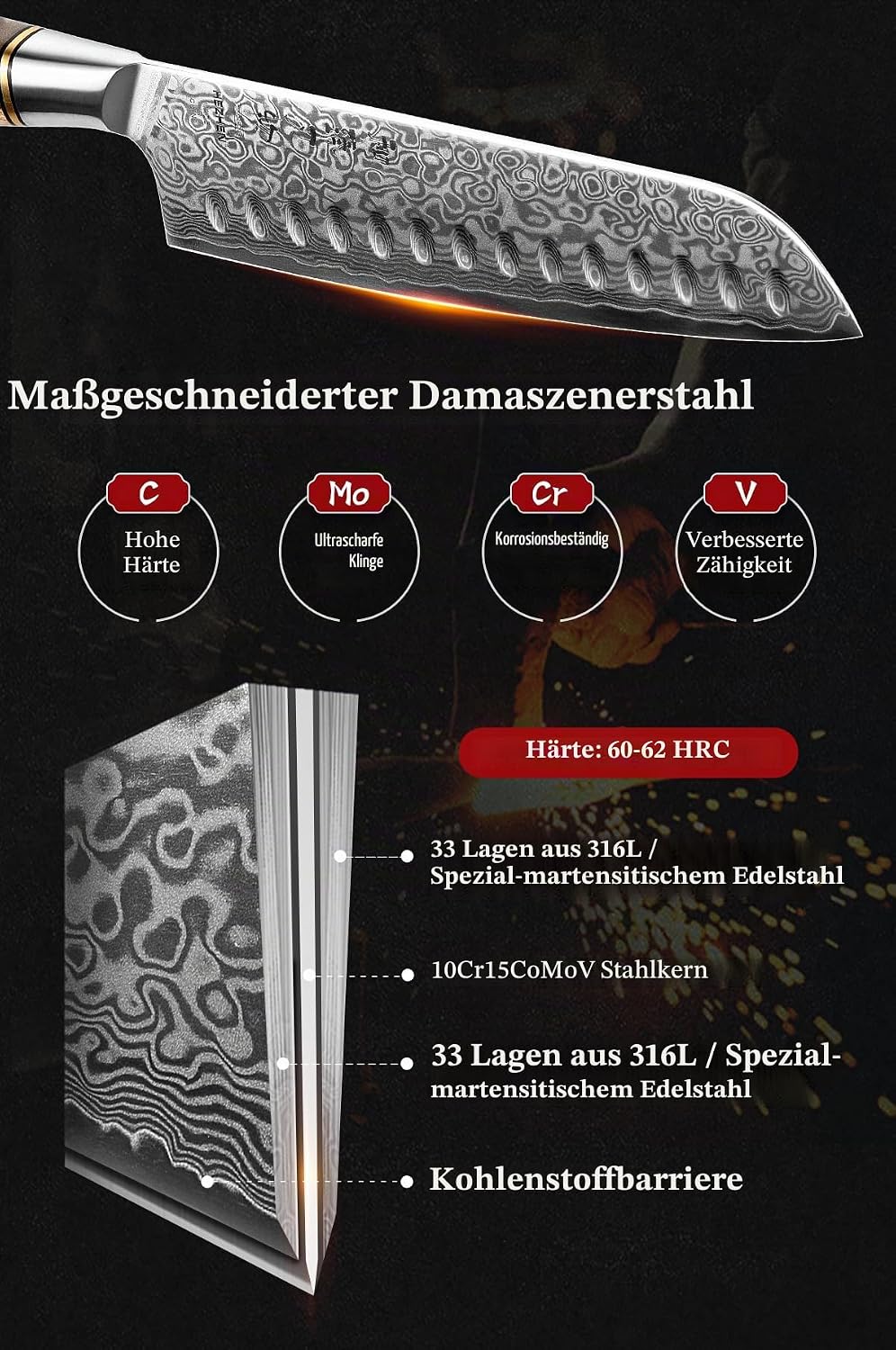 HEZHEN Damast Santoku Messer, Asiatisches Küchenmesser Japanischer Stil, Figaro Bergahorn Holzgriff,