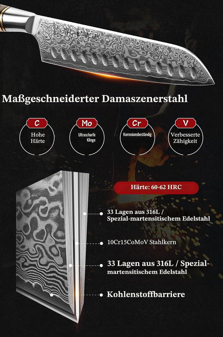 HEZHEN Damast Santoku Messer, Asiatisches Küchenmesser Japanischer Stil, Figaro Bergahorn Holzgriff,