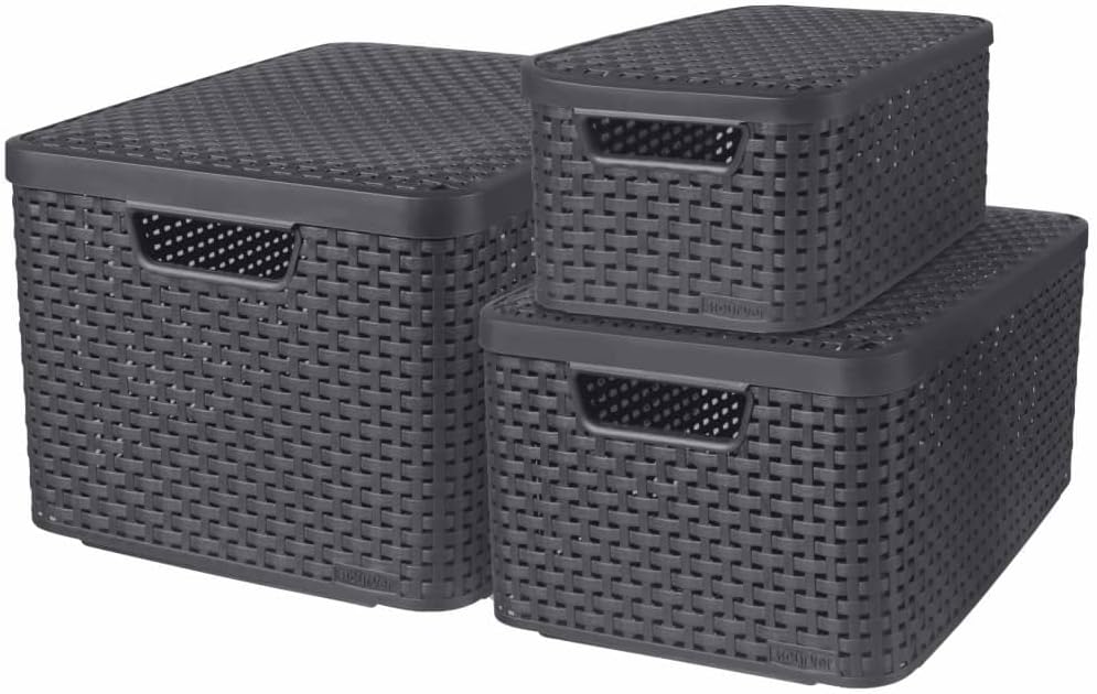 CURVER STYLE Box 3er Set S/M/L mit Deckel, anthrazit, 46,2 x 34,2 x 27,5 cm, Anthrazit
