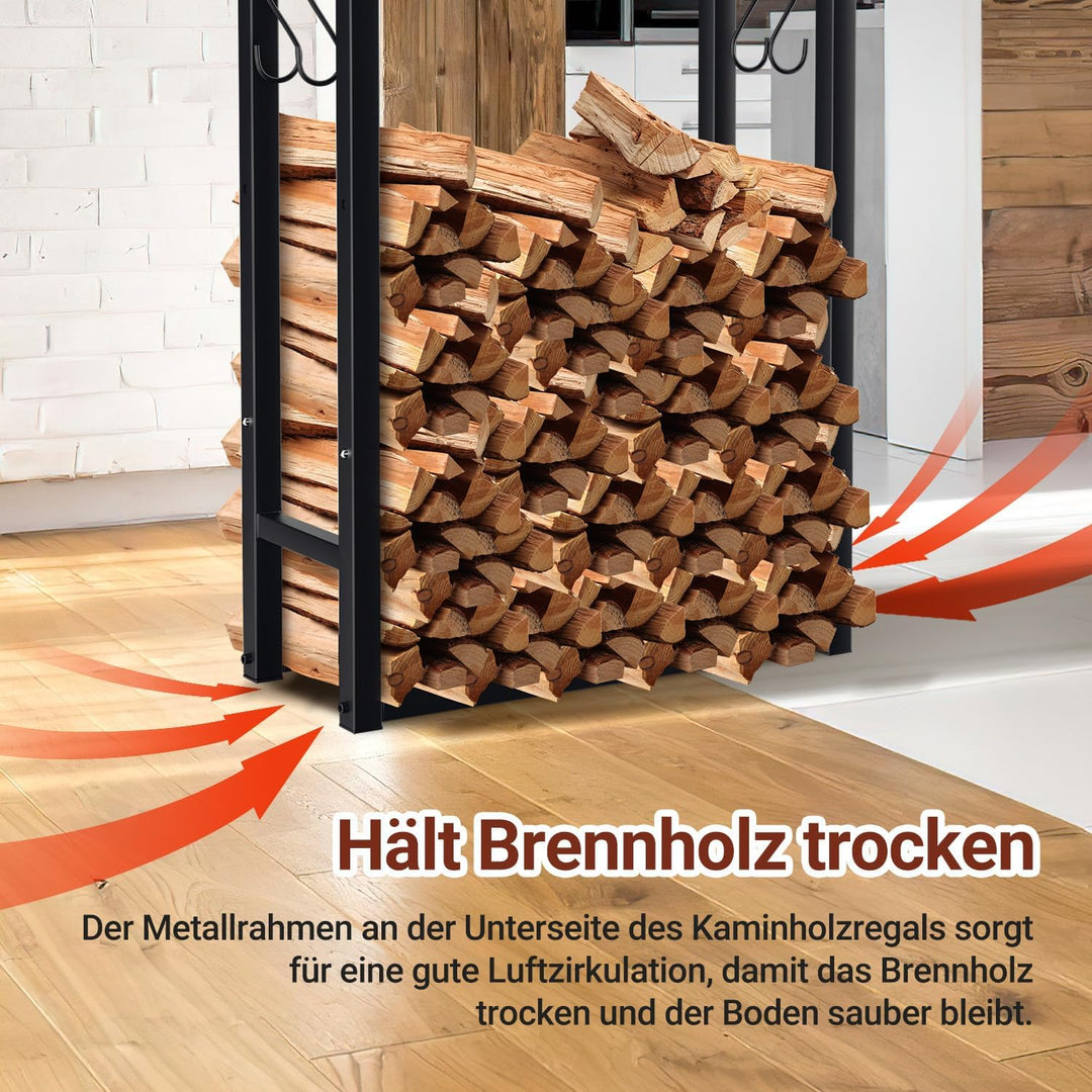 Verstellbare Kaminholzregal, 9 Grössen Einstellbar, Brennholz Holzhalter mit 4 Haken, Kaminholzständ