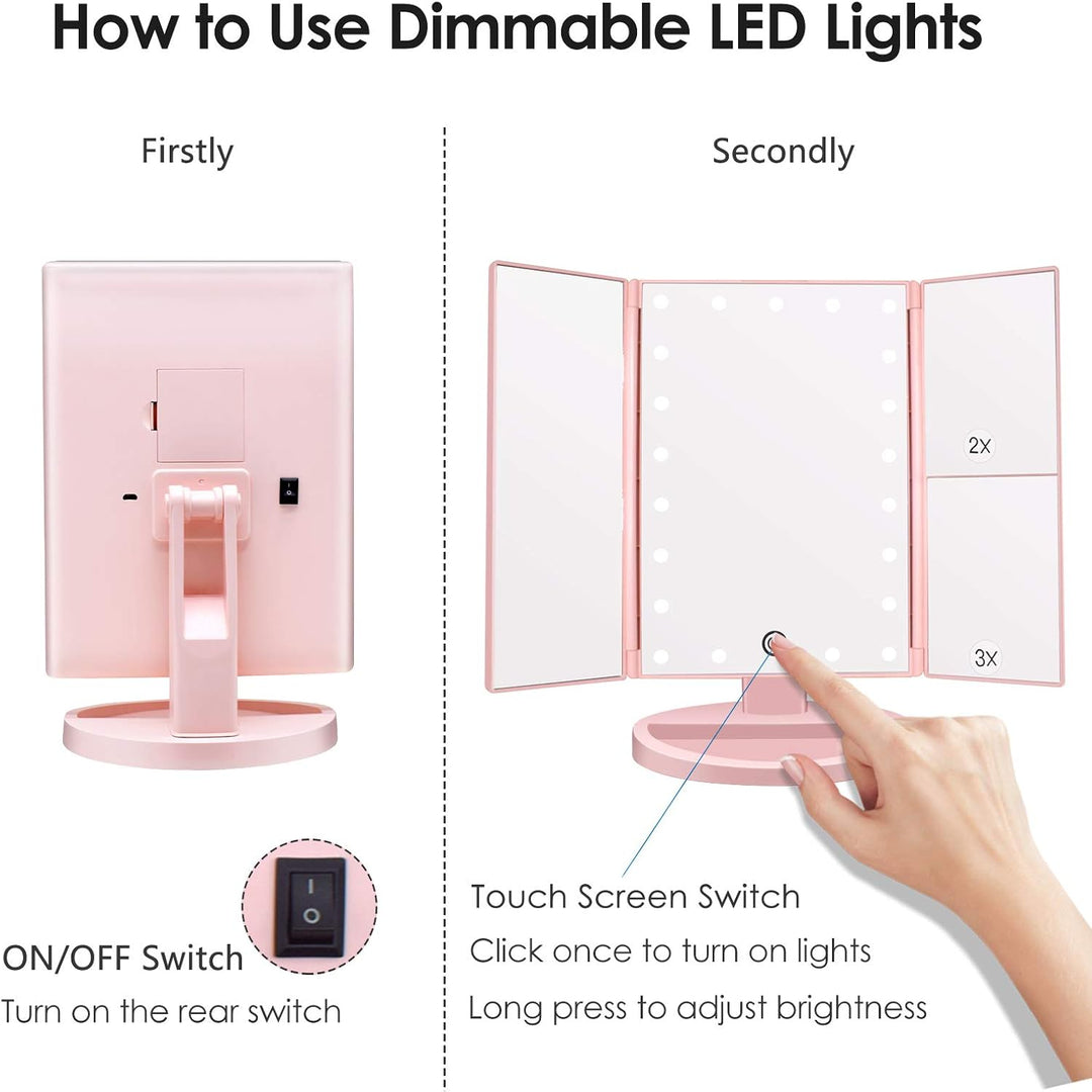 WEILY beleuchteter Kosmetikspiegel 1x / 2X / 3X Vergrösserungs-Trifold mit 36 LED-Lichtern, Touchscr