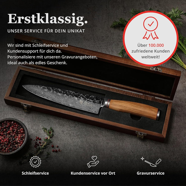 Wakoli Olive HS Kochmesser aus echtem Damaststahl (VG10 Kern) mit 20 cm Klinge – Scharf & ausbalanci