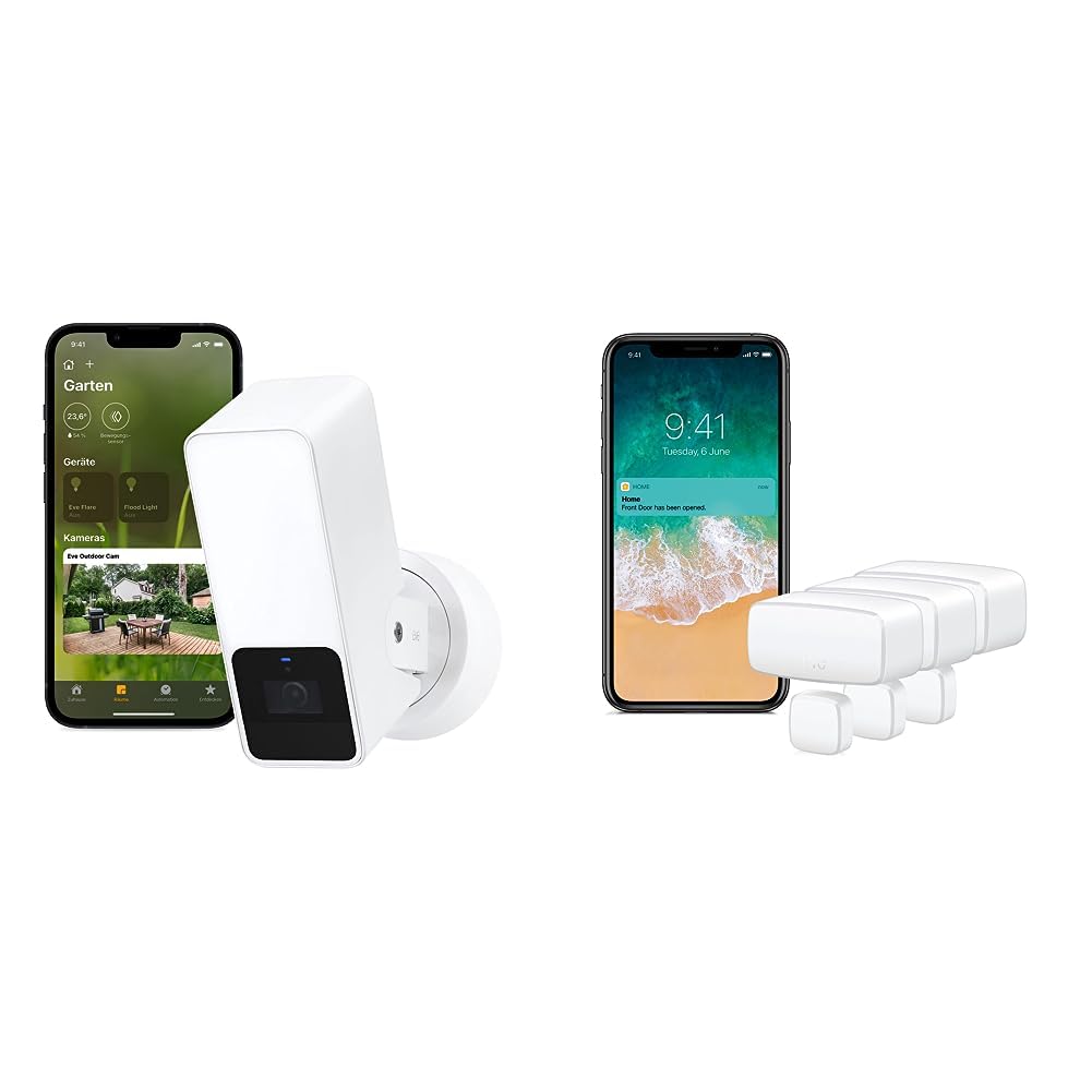 Eve Outdoor Cam (White Edition) – Smarte Überwachungskamera & Door & Window 3er Set – Smarter Kontak