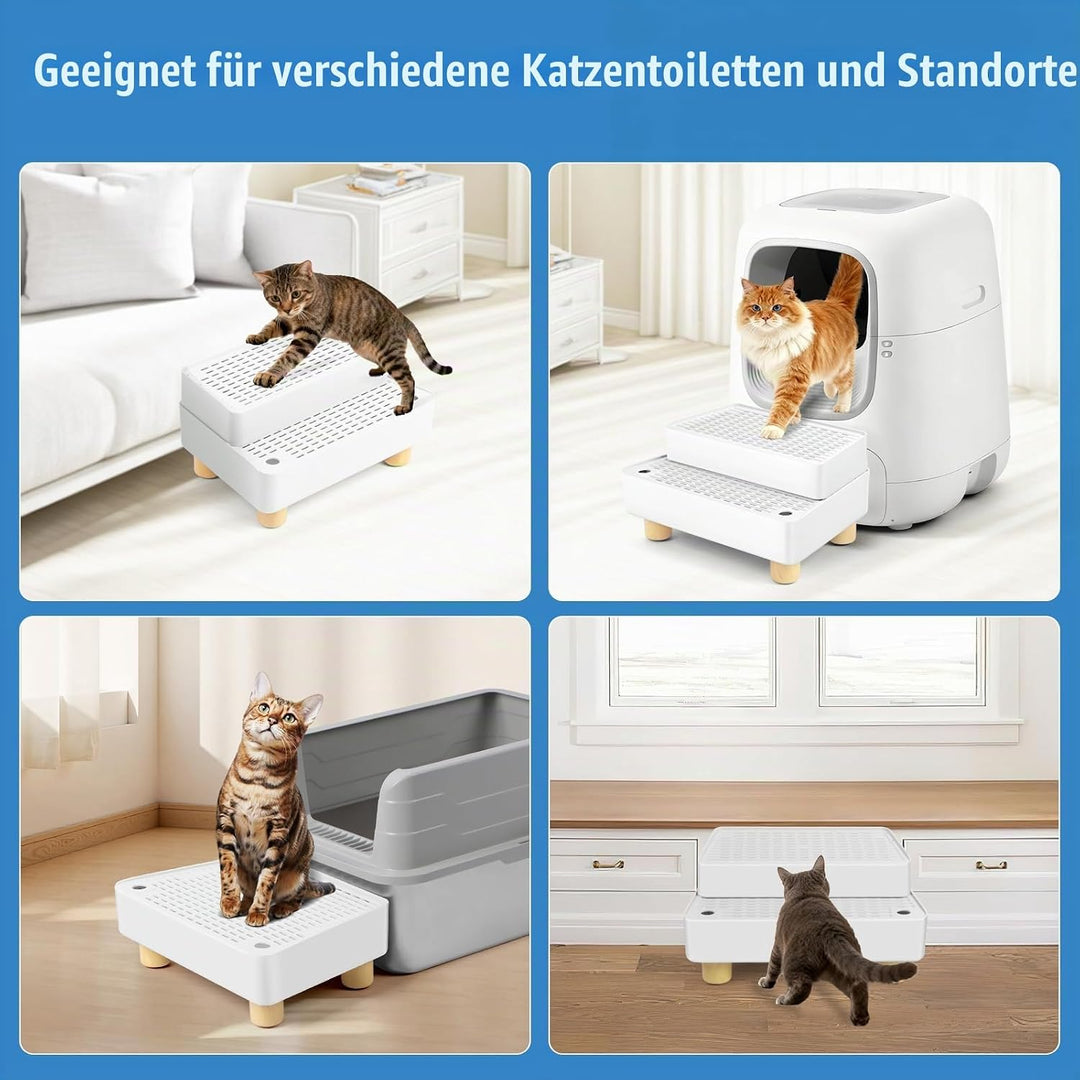 Bartuke Verstellbare 2-stufige Katzentoilettenrampe, Katzen Treppen&amp;Stufen mit Holzfüsse Filterfunkt