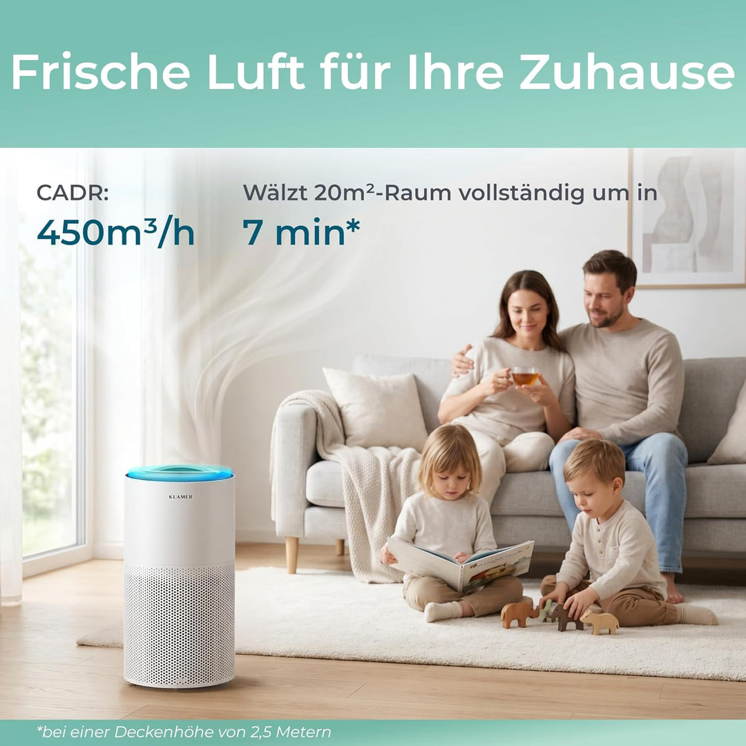 KLAMER Luftreiniger 600i mit HEPA Filter, CADR Spitzenleistung von 450 m³/h, für Räume bis 55m², ent