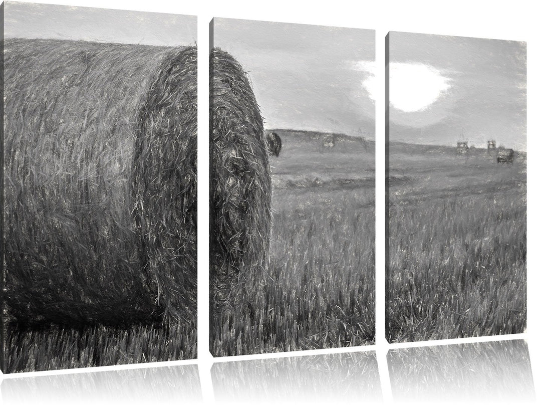 Pixxprint Strohballen auf Feld als Leinwandbild/Grösse: 3 Teilig (120x80) cm/Wandbild/Kunstdruck/fer
