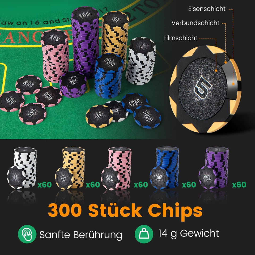 COSTWAY Pokerset 300 Chips, Pokerkoffer mit 2 Kartendeck, 5 Würfel, Dealer Button, Matte, Kartenmisc
