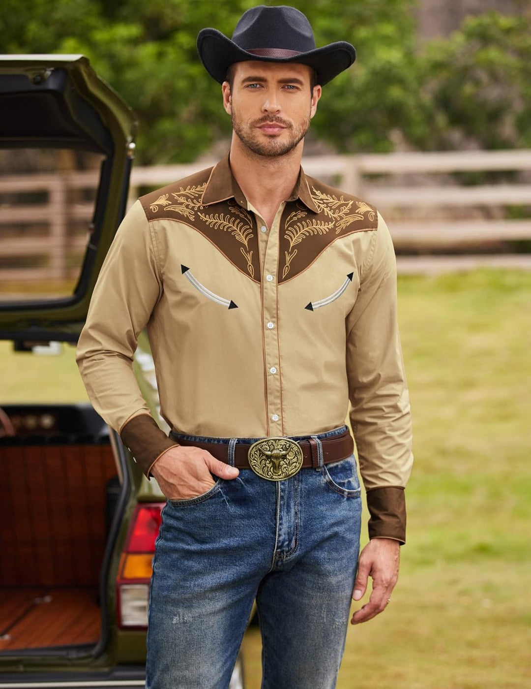 Coofandy Men's Western Embroidered Shirts Cowboy Casual Shirt Button Down Shirts Gross und kräftig M