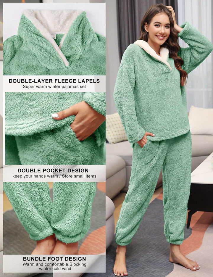 TOMEEK Schlafanzug Damen Winter Thermo Pyjama Set Langarm Fleece Nachtwäsche Set Weicher Warmer Heim