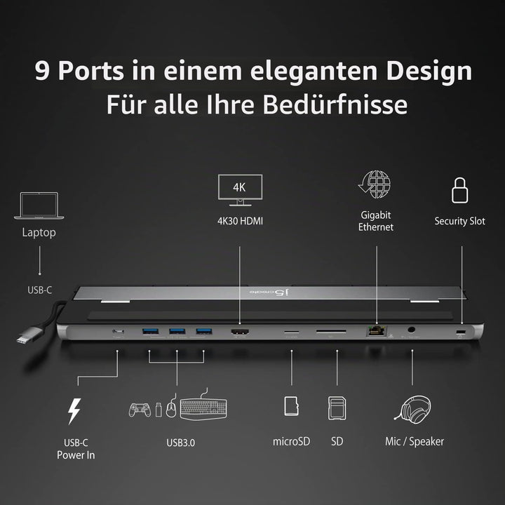 j5create USB-C 4K HDMI Dockingstation (9-in-1), 4K HDMI, 5Gbps USB-A x3, Kartenleser, PD 100W, Gigab