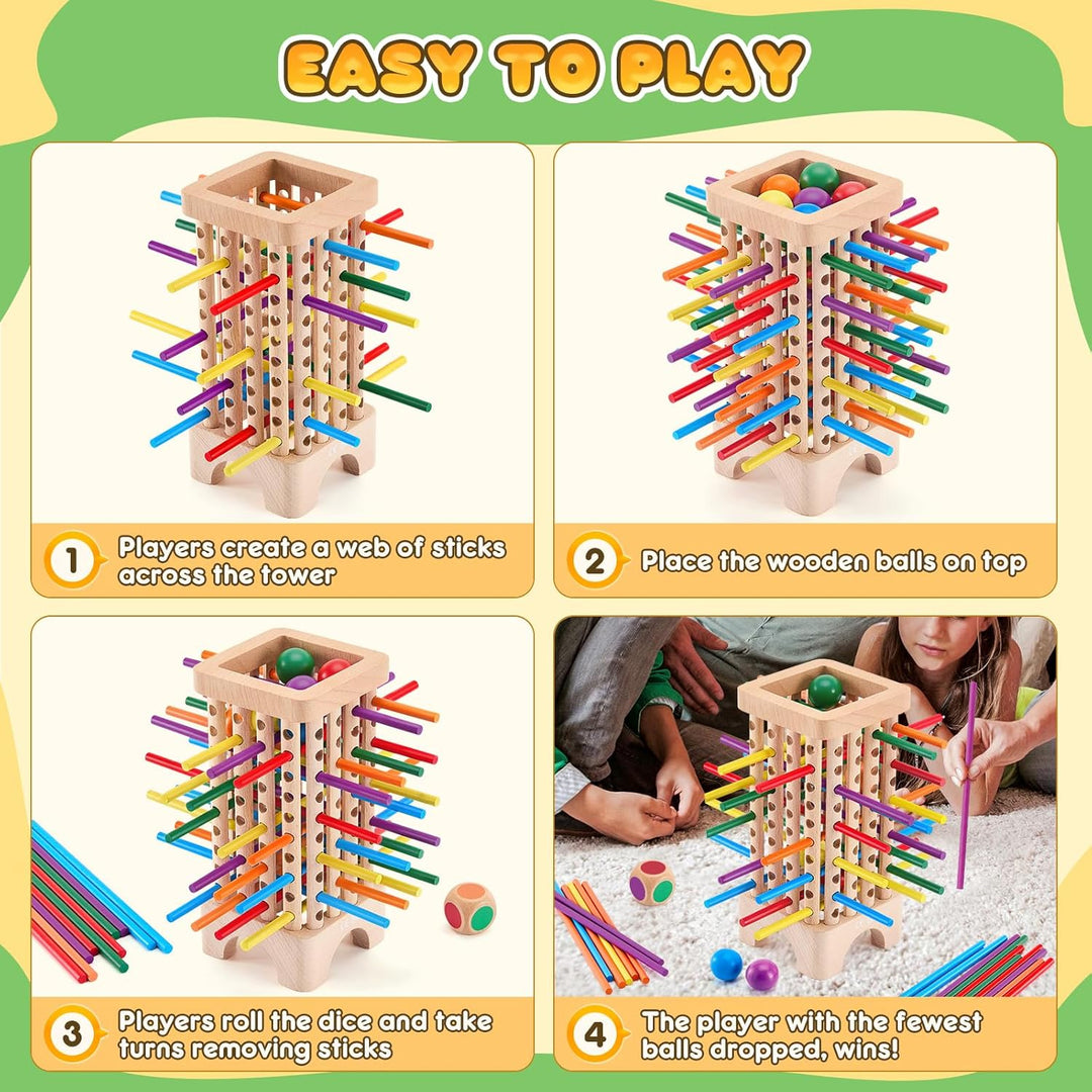 Montessori Spiel Brettspiel aus Holz, 42 Bunte Holzstäbchen Spiele ab 3 Jahren Würfelspiel, Mathe &