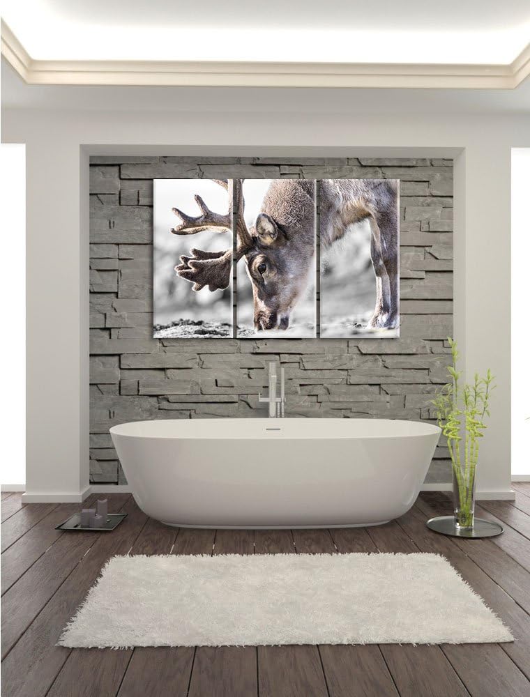 Pixxprint süsses Rentier beim Essen / 3-Teilig/Gesamtmass 120cm Leinwandbild bespannt auf Holzrahmen