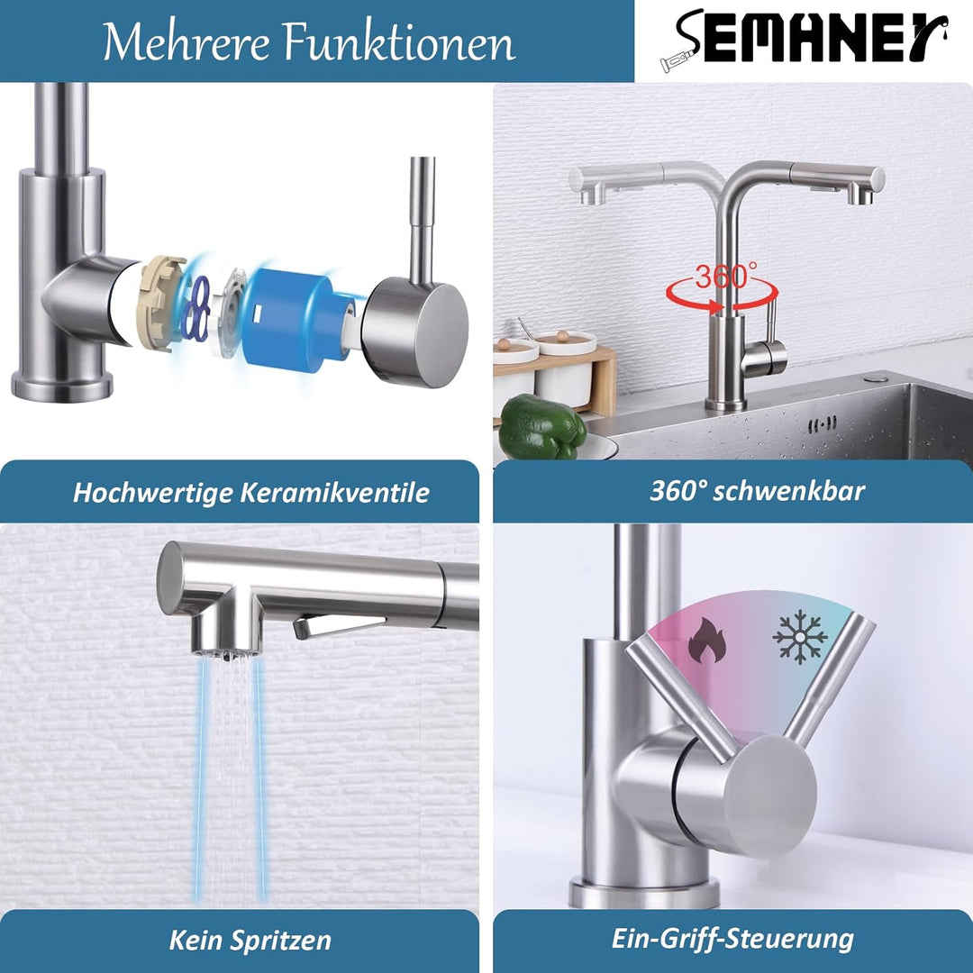 Hochdruck Wasserhahn Küche ausziehbar, SEMANEY 2 Modi Küchenarmatur mit Brause Ausziehbar, 360° Schw