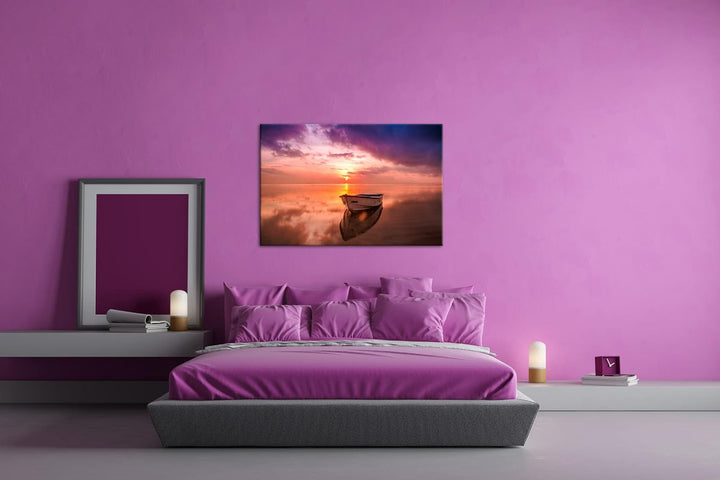 deyoli Einsames Boot im Sonnenuntergang Format:90x60 cm als Leinwandbild, Motiv fertig gerahmt auf E