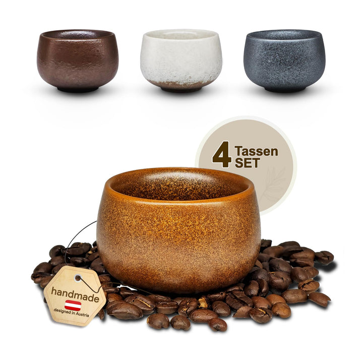 Espressotassen SET 4x80ml, Dickwandig Tassen aus Steingut, Handgefertigte bunte Kaffeetassen, Kerami
