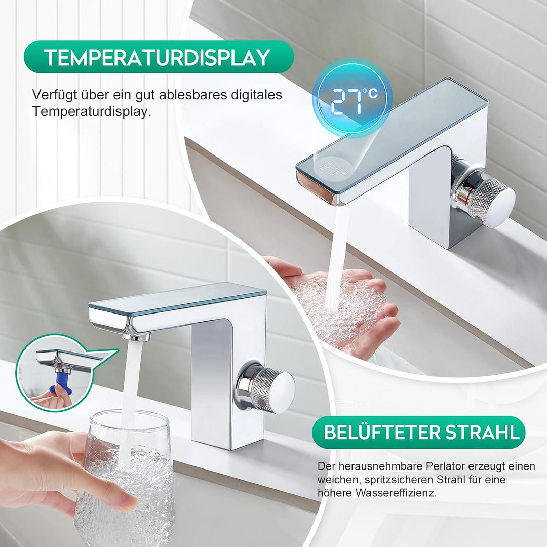 CREA Infrarot Sensor Wasserhahn Bad, Automatisch Sensor Armatur für Waschbecken,Digitalanzeige Warme