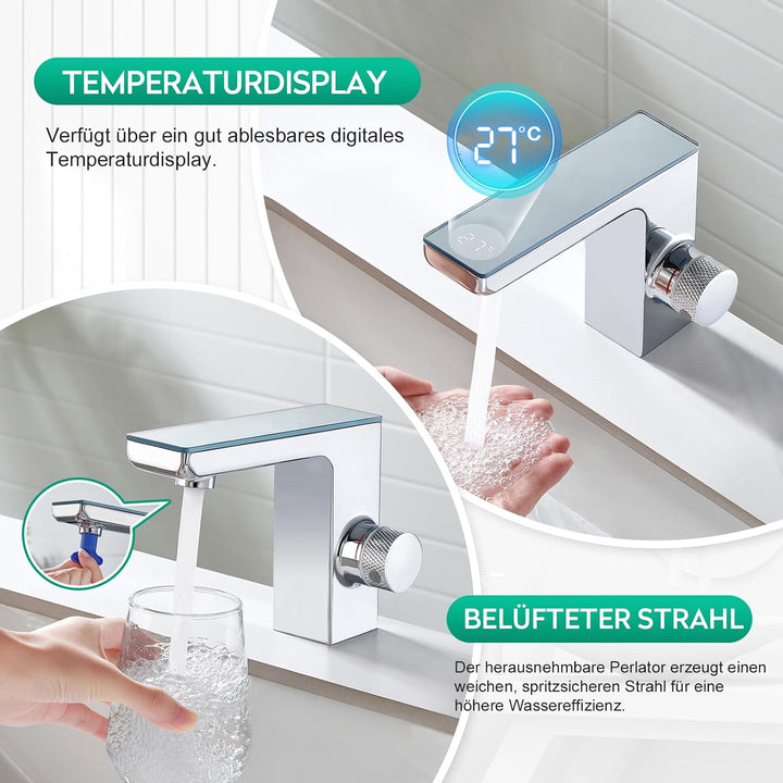 CREA Infrarot Sensor Wasserhahn Bad, Automatisch Sensor Armatur für Waschbecken,Digitalanzeige Warme