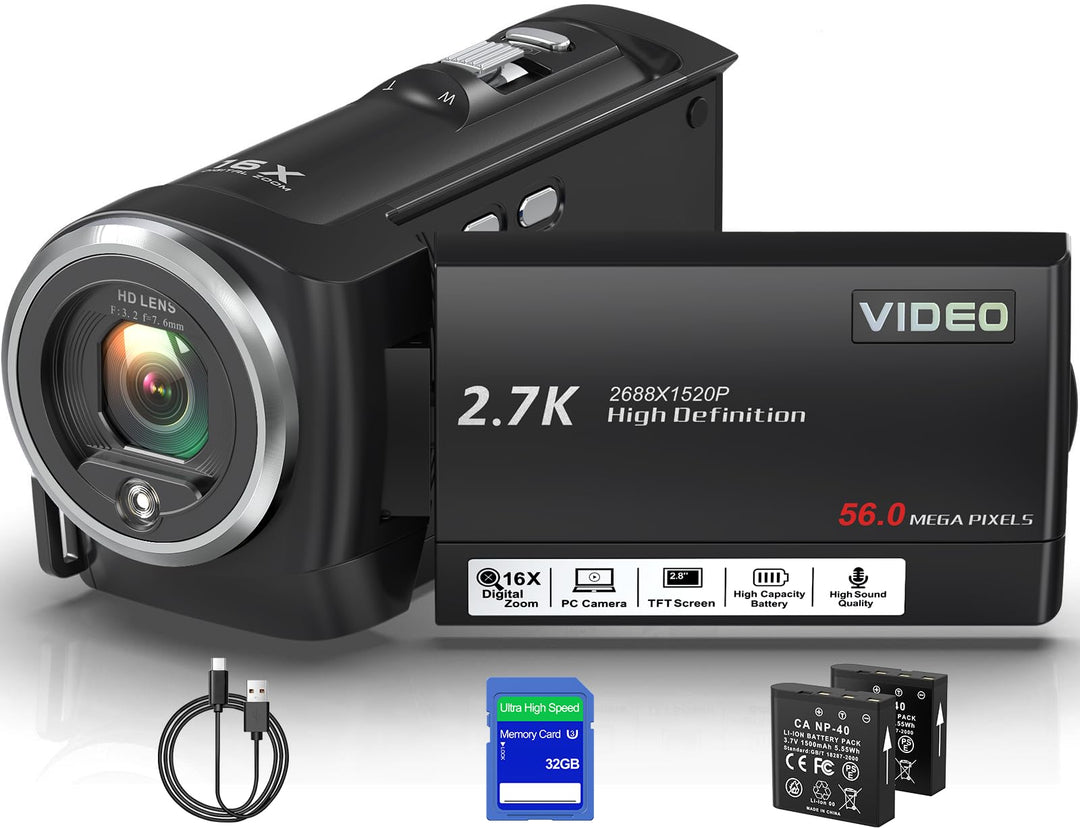 Videokamera 2.7K 56MP Camcorder 16X Digitalzoom Vlogging Camera mit LED-Fülllicht für YouTube, 2.8"