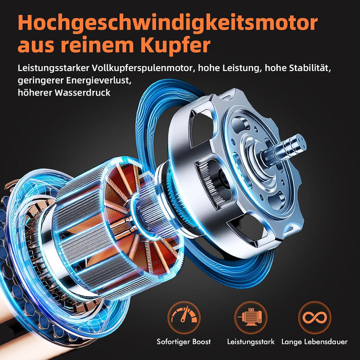 Akku Hochdruckreiniger, 21V, 100 bar, tragbarer Druck mit 2 x 3000 mah Lithium-Akku, 6-in-1-Düse, 5